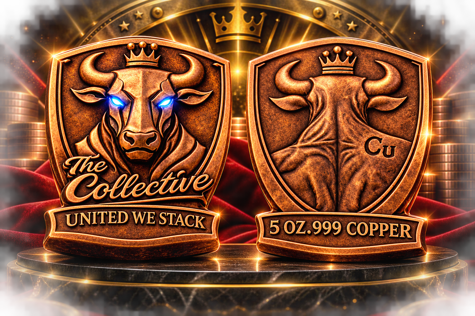 The Collective 5 oz .999 fine copper custom shield — front and reverse