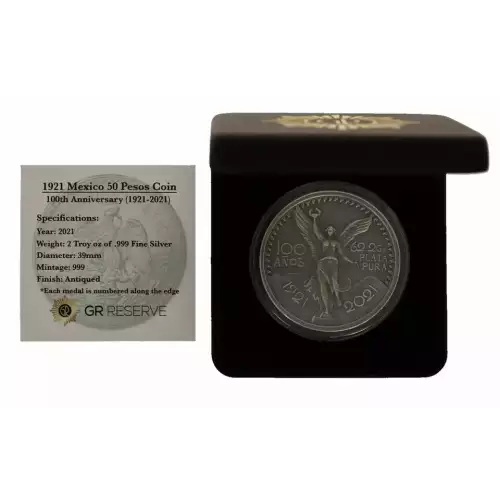 1921 Mexico 2 oz Silver 50 Pesos 100th Anniversary BU MS (Mintage 999) Antiqued