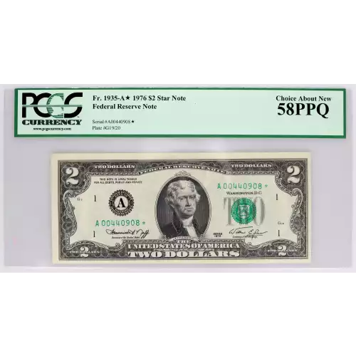 $2 1976 Green seal Small Size $2 Federal Reserve Notes 1935-A* (2)