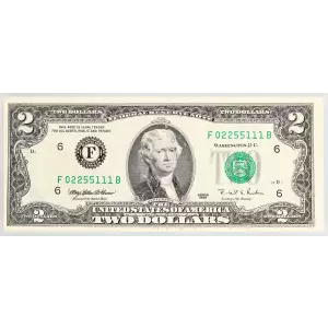 $2 1995 Green seal Small Size $2 Federal Reserve Notes 1936-F