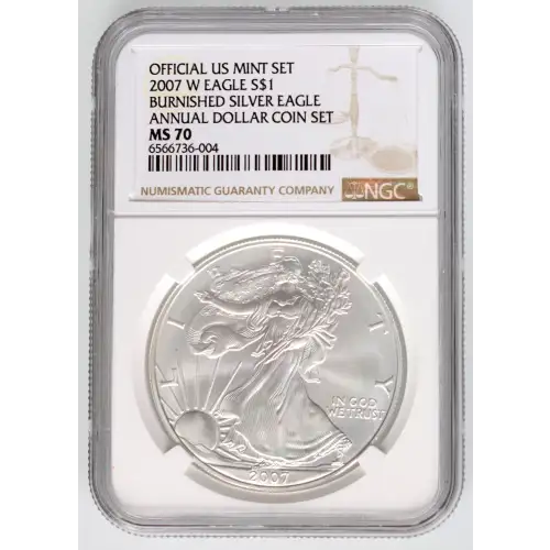 2007 W BURNISHED SILVER EAGLE ANNUAL DOLLAR COIN SET OFFICIAL US MINT SET (3)