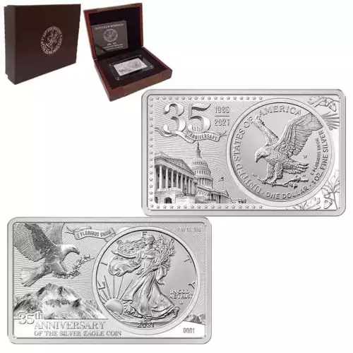 2021 American Silver Eagle 35th Anniversary Coin & Bar 3 oz Silver Set