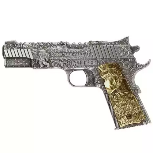 2024 Chad .45 Caliber Pistol Gun Shaped Coin 2oz Silver ANTIQUED w/Gold Gilding (3)