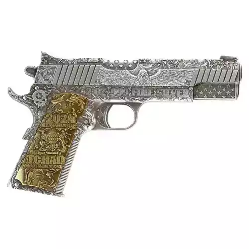 2024 Chad .45 Caliber Pistol Gun Shaped Coin 2oz Silver ANTIQUED w/Gold Gilding (5)