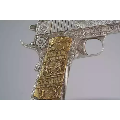 2024 Chad .45 Caliber Pistol Gun Shaped Coin 2oz Silver ANTIQUED w/Gold Gilding (2)