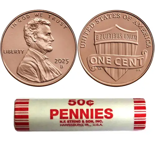 Fresh bank roll of 2025 Lincoln Cents.