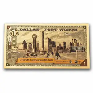 1 Dallas Fort Worth Texas Goldback Gold Note (24k Gold)